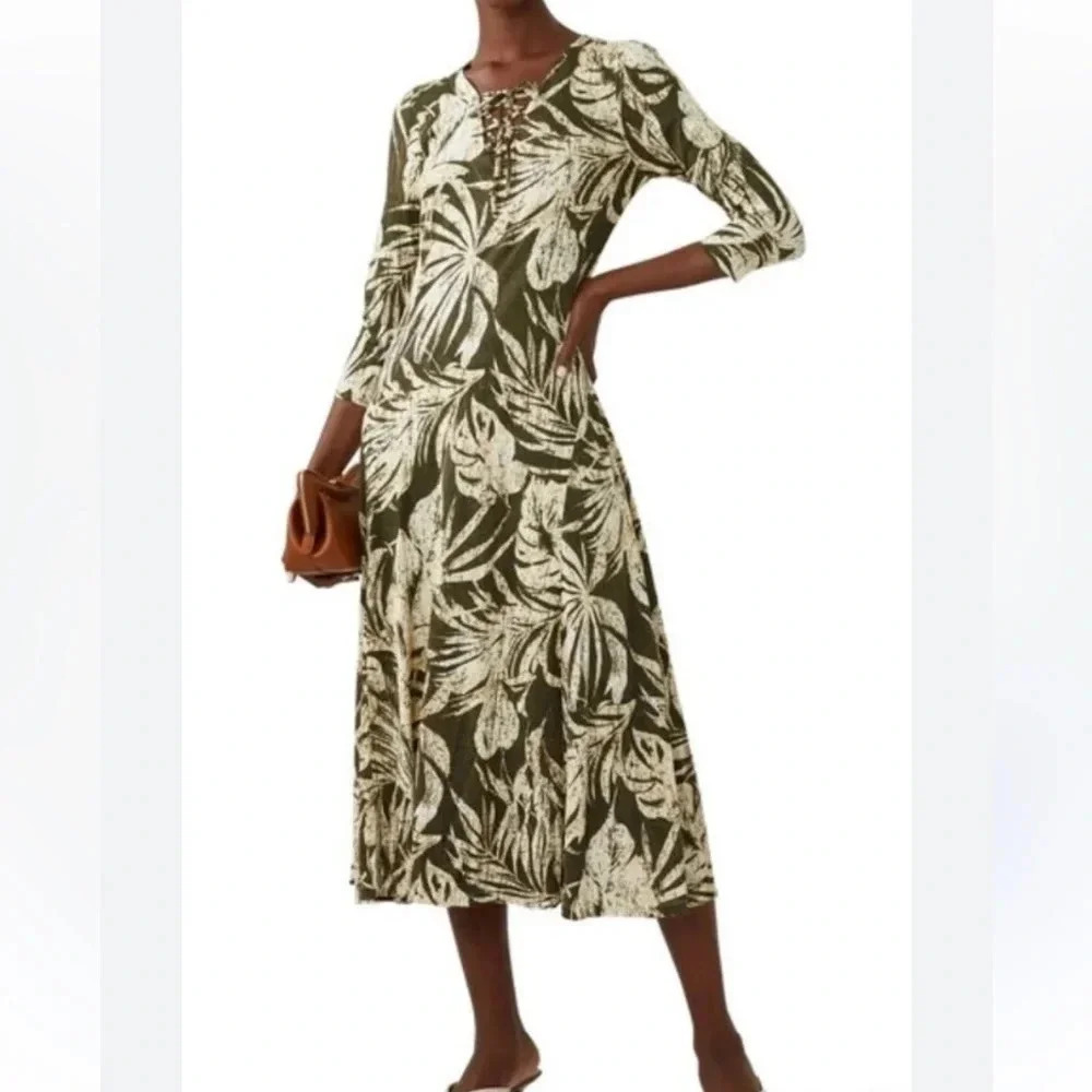 Lauren Ralph Lauren Black Label 3/4 Sleeve Tropical Midi Dress Olive Green 4 NWT